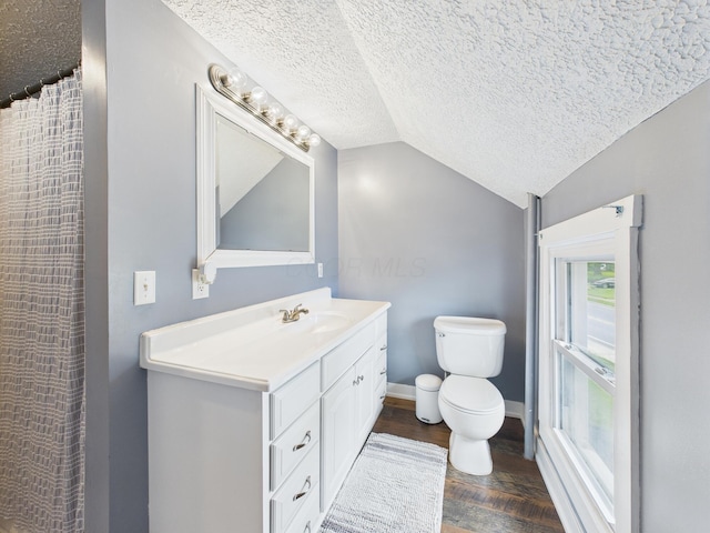 1708 Cedar Hill Rd, Lancaster, OH 43130 - full bathroom featuring toilet, vanity, vaulted ceiling, a textured ceiling, and baseboards