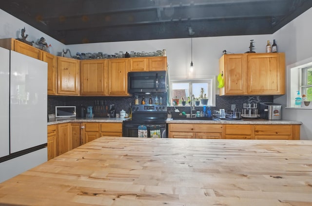 1282 Taylortown Rd, Mansfield, OH 44903 - kitchen with black appliances, a sink, wooden counters, and backsplash