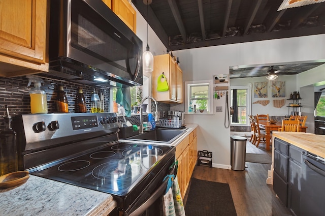 1282 Taylortown Rd, Mansfield, OH 44903 - kitchen with electric range, dishwasher, tasteful backsplash, and dark wood-style floors