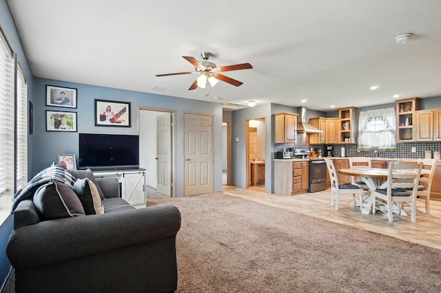 9842 State Route 757 NW, Somerset, OH 43783 - living area featuring ceiling fan, light colored carpet, and recessed lighting