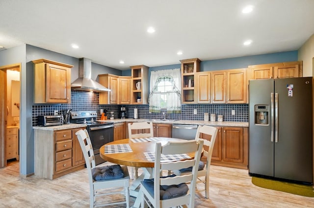 9842 State Route 757 NW, Somerset, OH 43783 - kitchen featuring appliances with stainless steel finishes, wall chimney exhaust hood, open shelves, tasteful backsplash, and recessed lighting