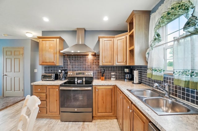 9842 State Route 757 NW, Somerset, OH 43783 - kitchen with wall chimney range hood, electric stove, a sink, backsplash, and recessed lighting