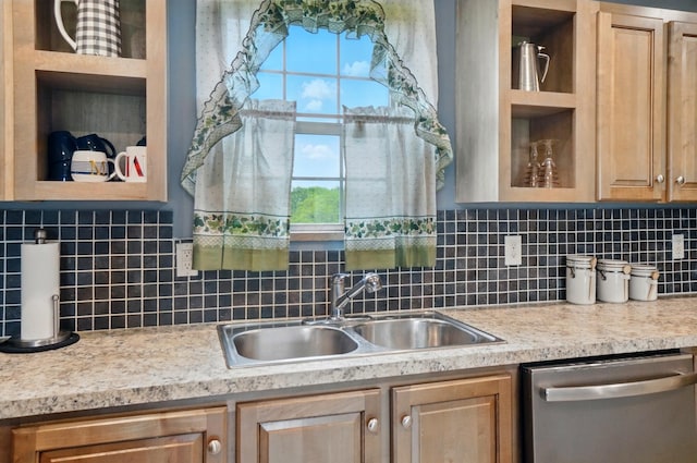9842 State Route 757 NW, Somerset, OH 43783 - kitchen featuring stainless steel dishwasher, a sink, light countertops, glass insert cabinets, and tasteful backsplash