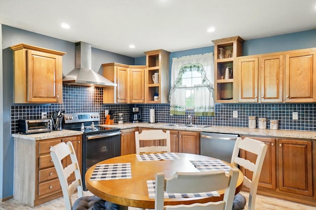 9842 State Route 757 NW, Somerset, OH 43783 - kitchen featuring wall chimney range hood, appliances with stainless steel finishes, open shelves, a sink, and backsplash