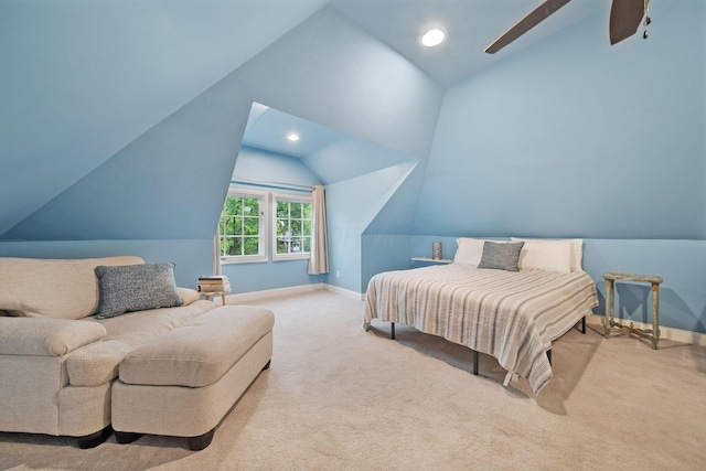 663 Wilson Ave, Columbus, OH 43205 - carpeted bedroom with vaulted ceiling, baseboards, recessed lighting, and ceiling fan