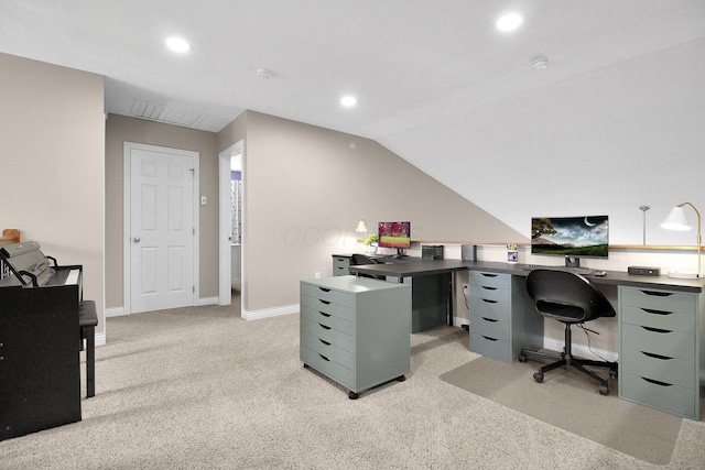 7313 Bromfield Dr, Canal Winchester, OH 43110 - office space with recessed lighting, vaulted ceiling, baseboards, and light carpet