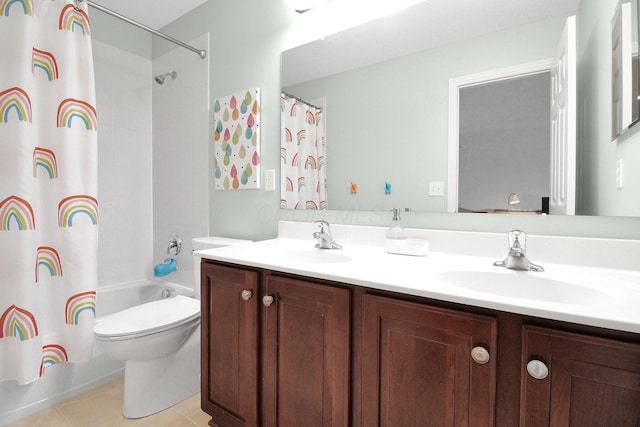 7313 Bromfield Dr, Canal Winchester, OH 43110 - full bathroom featuring double vanity, shower / bath combination with curtain, toilet, and tile patterned flooring