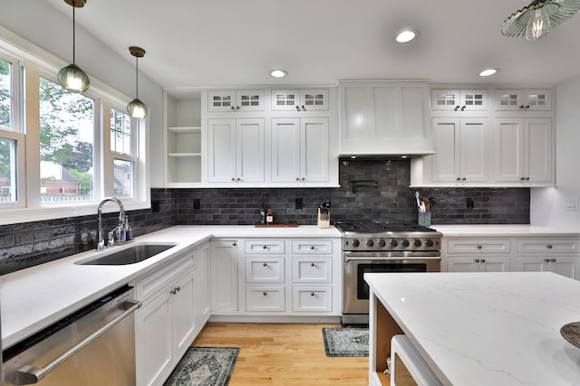 2009 Zollinger Rd, Columbus, OH 43221 - kitchen featuring stainless steel appliances, a sink, premium range hood, open shelves, and white cabinets