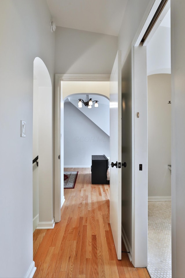 2009 Zollinger Rd, Columbus, OH 43221 - hallway with light wood-style floors, a chandelier, arched walkways, and baseboards