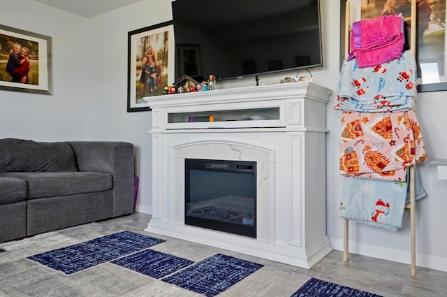 1627 Metcalfe Ave, Columbus, OH 43207 - living area featuring wood finished floors, a glass covered fireplace, and baseboards