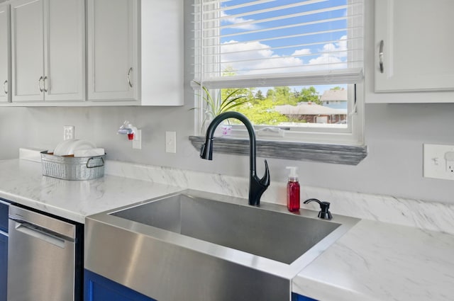 1627 Metcalfe Ave, Columbus, OH 43207 - kitchen with a sink, dishwasher, white cabinetry, and blue cabinets