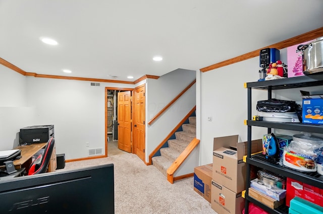 1627 Metcalfe Ave, Columbus, OH 43207 - carpeted home office with ornamental molding, recessed lighting, and baseboards