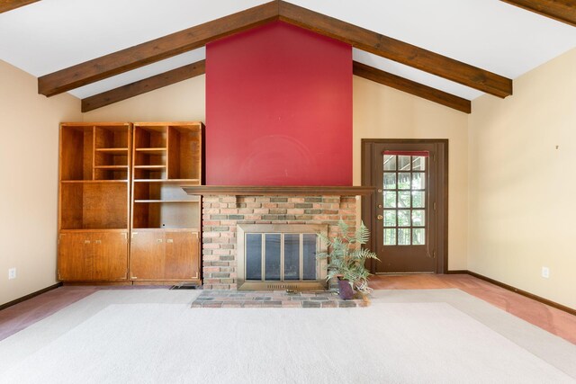 1631 Roxbury Rd Unit D2, Columbus, OH 43212 - unfurnished living room with carpet floors, beam ceiling, high vaulted ceiling, and a fireplace