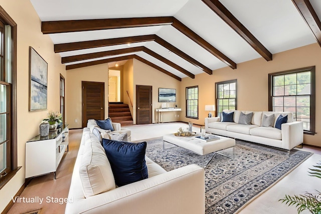 1631 Roxbury Rd Unit D2, Columbus, OH 43212 - living room featuring stairs, beamed ceiling, and high vaulted ceiling