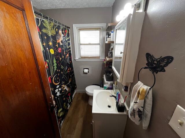 1231 E 23rd Ave, Columbus, OH 43211 - bathroom featuring vanity, a textured ceiling, wood finished floors, toilet, and a shower with curtain