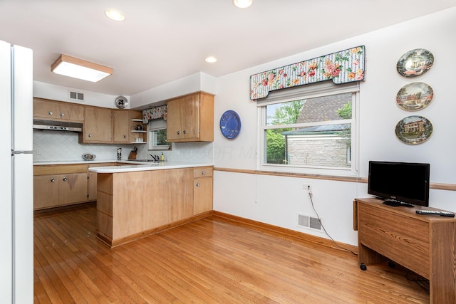 2772 Dale Ave, Columbus, OH 43209 - kitchen with range hood, open shelves, light countertops, a peninsula, and light wood-style floors