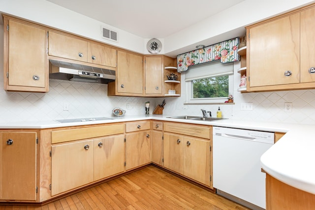2772 Dale Ave, Columbus, OH 43209 - kitchen with white dishwasher, a sink, open shelves, under cabinet range hood, and black electric stovetop