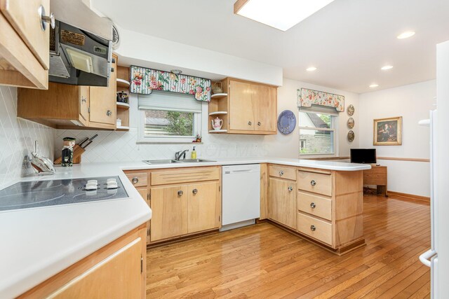 2772 Dale Ave, Columbus, OH 43209 - kitchen featuring dishwasher, open shelves, black electric stovetop, a sink, and light wood-style flooring