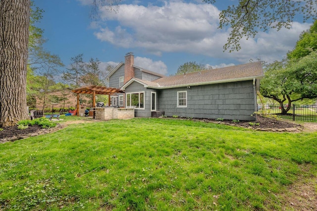 837 Cherry Bottom Rd, Columbus, OH 43230 - back of property featuring a pergola, a chimney, a patio, and a shingled roof