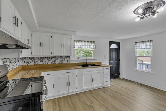 19616 N St, Laurelville, OH 43135 - kitchen featuring stainless steel electric range oven, a sink, under cabinet range hood, a textured ceiling, and white cabinets