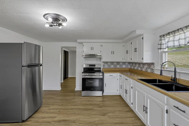19616 N St, Laurelville, OH 43135 - kitchen with appliances with stainless steel finishes, a sink, under cabinet range hood, white cabinetry, and backsplash