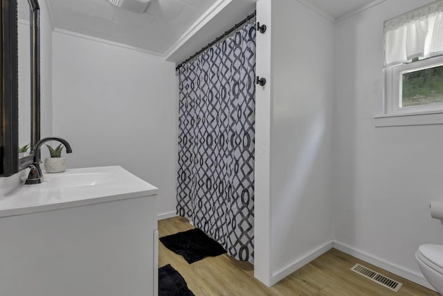 19616 N St, Laurelville, OH 43135 - full bathroom featuring toilet, wood finished floors, vanity, and a shower with curtain