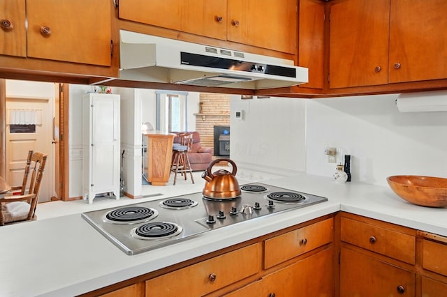8430 Patterson Rd, Hilliard, OH 43026 - kitchen with light countertops, stainless steel electric stovetop, under cabinet range hood, and brown cabinetry