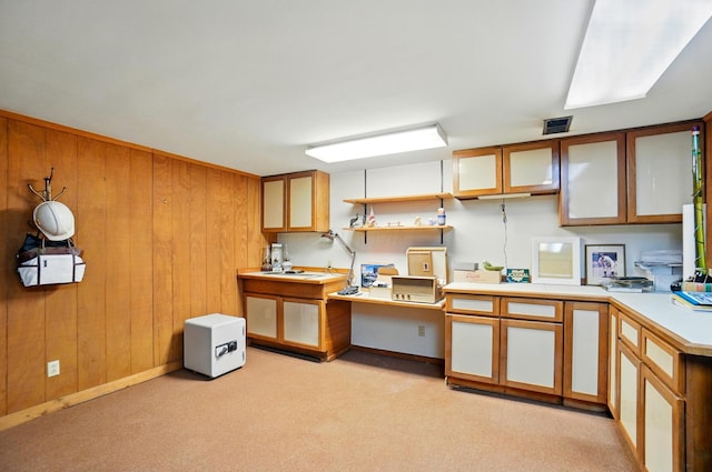 8430 Patterson Rd, Hilliard, OH 43026 - kitchen featuring light countertops, wood walls, glass insert cabinets, and light carpet