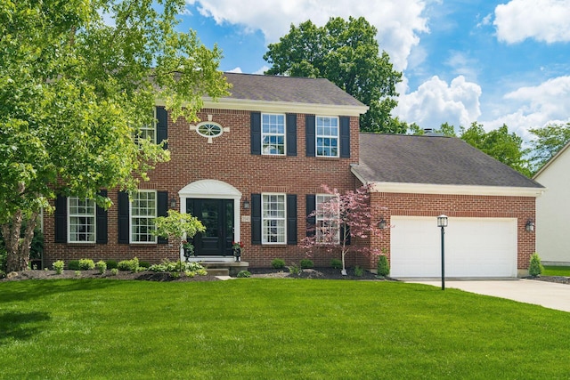 2545 Bryton Dr, Powell, OH 43065 - colonial house featuring an attached garage, a front lawn, concrete driveway, and brick siding