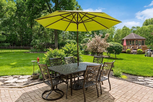 2545 Bryton Dr, Powell, OH 43065 - view of patio / terrace with outdoor dining area, a wooden deck, and view of wooded area