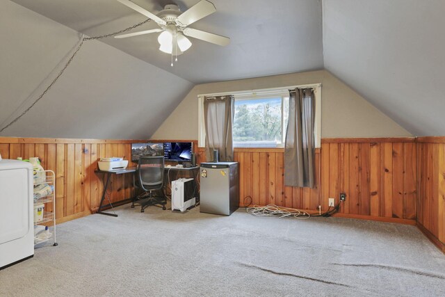 2971 Wendy Ln, Grove City, OH 43123 - office featuring lofted ceiling, wooden walls, washer / dryer, ceiling fan, and carpet floors