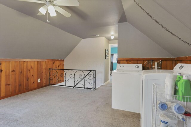 2971 Wendy Ln, Grove City, OH 43123 - laundry room with independent washer and dryer, carpet, a ceiling fan, and wood walls