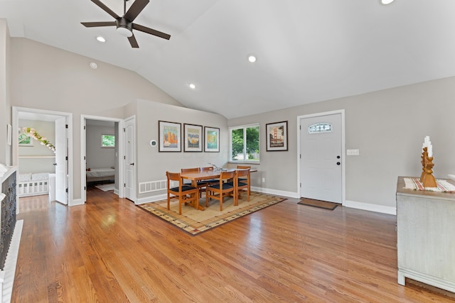 3531 Colchester Rd, Upper Arlington, OH 43221 - dining area featuring ceiling fan, lofted ceiling, recessed lighting, light wood finished floors, and baseboards