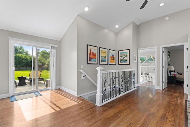 3531 Colchester Rd, Upper Arlington, OH 43221 - hall featuring an upstairs landing, baseboards, wood finished floors, high vaulted ceiling, and recessed lighting