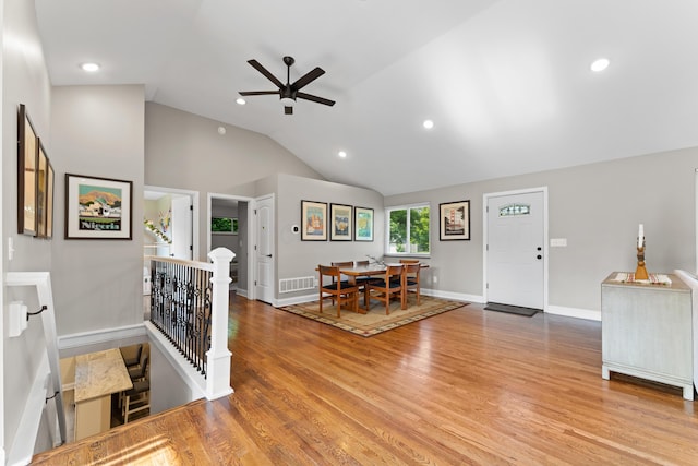 3531 Colchester Rd, Upper Arlington, OH 43221 - entrance foyer with a ceiling fan, light wood-style flooring, recessed lighting, baseboards, and high vaulted ceiling