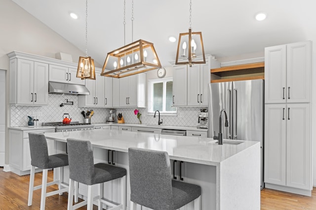 3531 Colchester Rd, Upper Arlington, OH 43221 - kitchen with under cabinet range hood, a sink, light wood finished floors, a center island, and vaulted ceiling