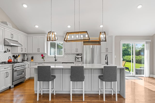 3531 Colchester Rd, Upper Arlington, OH 43221 - kitchen featuring appliances with stainless steel finishes, under cabinet range hood, a sink, backsplash, and vaulted ceiling