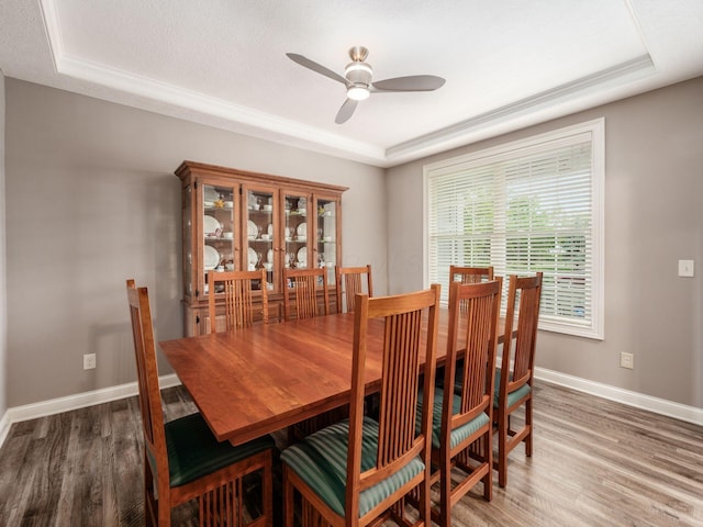 6868 Beltain Ln Unit 37B, Dublin, OH 43016 - dining space featuring a tray ceiling, a ceiling fan, wood finished floors, and baseboards