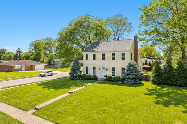 3985 Glenda Pl, Upper Arlington, OH 43220 - colonial-style house featuring a chimney, concrete driveway, and roof with shingles
