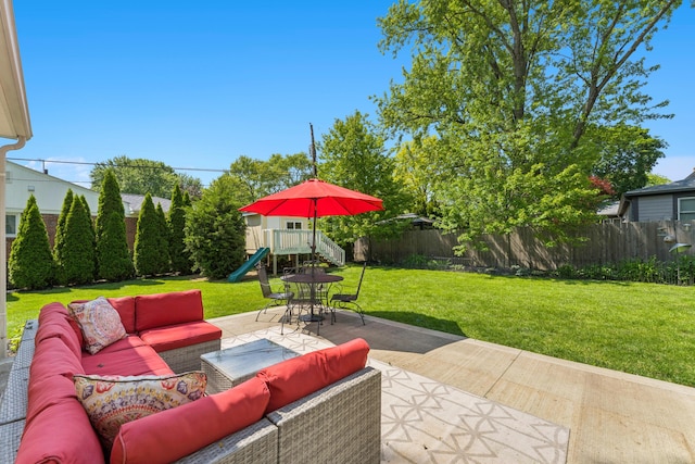 3985 Glenda Pl, Upper Arlington, OH 43220 - view of patio featuring an outdoor hangout area, a playground, and outdoor dining area