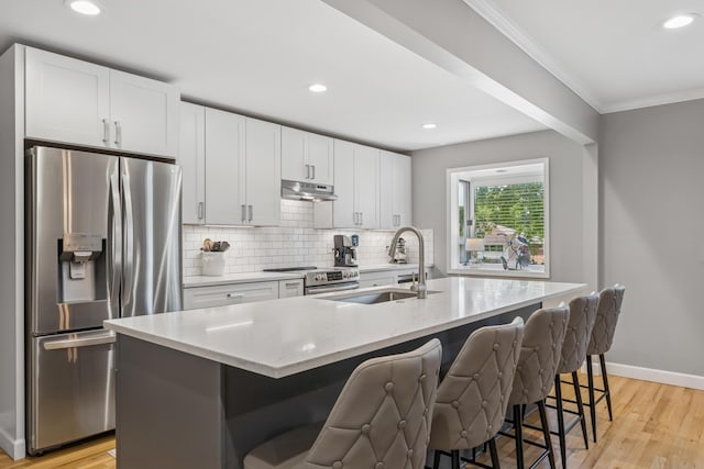 3985 Glenda Pl, Upper Arlington, OH 43220 - kitchen with appliances with stainless steel finishes, under cabinet range hood, a sink, tasteful backsplash, and light wood-type flooring