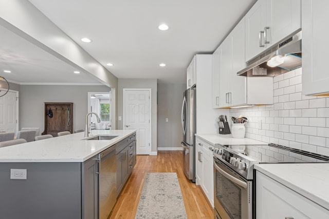 3985 Glenda Pl, Upper Arlington, OH 43220 - kitchen with appliances with stainless steel finishes, under cabinet range hood, a sink, an island with sink, and white cabinets