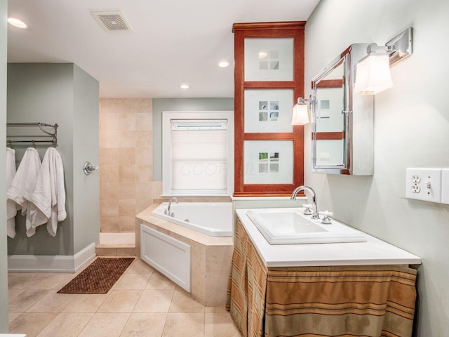 1635 Cambridge Blvd, Upper Arlington, OH 43212 - bathroom with a jetted tub, tile patterned floors, vanity, recessed lighting, and a walk in shower