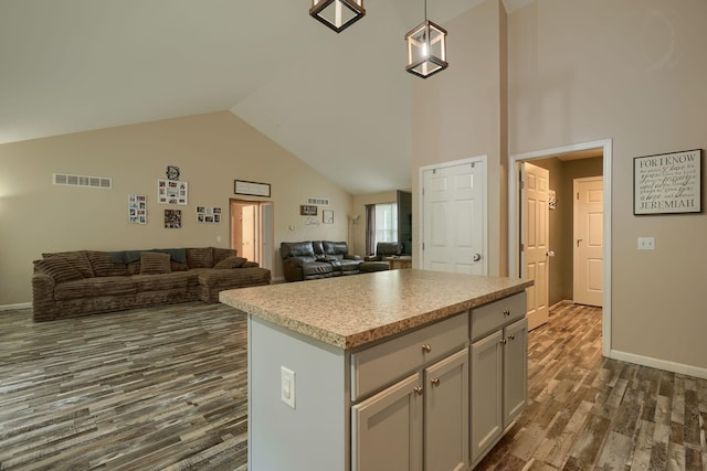 9805 Beaver Pike, Jackson, OH 45640 - kitchen with dark wood-style flooring, open floor plan, a kitchen island, high vaulted ceiling, and light countertops