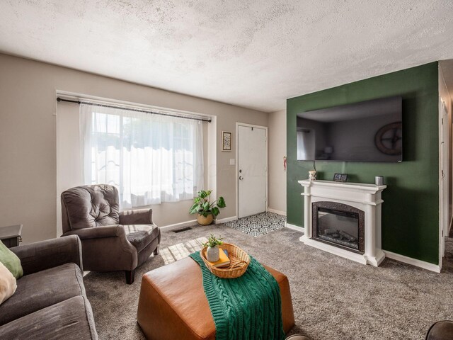 1887 Lonsdale Rd, Columbus, OH 43232 - carpeted living area featuring a glass covered fireplace and a textured ceiling