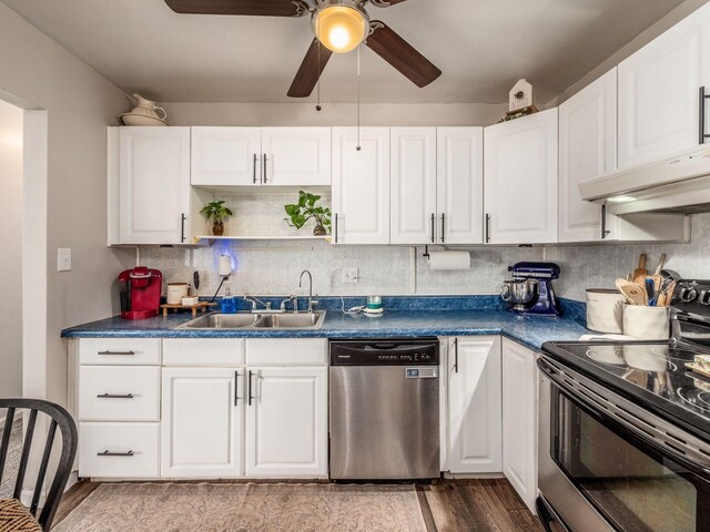 1887 Lonsdale Rd, Columbus, OH 43232 - kitchen featuring appliances with stainless steel finishes, ceiling fan, wood finished floors, and dark countertops