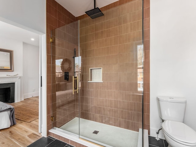 883 Wilson Ave, Columbus, OH 43206 - bathroom with a stall shower, toilet, a fireplace, and wood finished floors