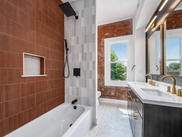 883 Wilson Ave, Columbus, OH 43206 - full bathroom featuring toilet, baseboards, double vanity, shower / bathtub combination, and tile patterned flooring