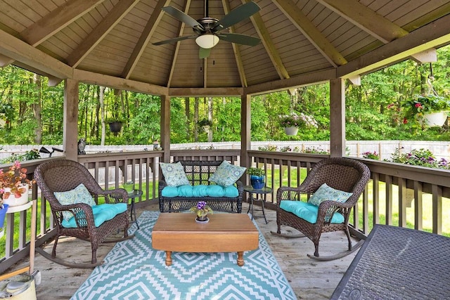 7276 Lee Rd, Westerville, OH 43081 - wooden terrace with a gazebo, a ceiling fan, and an outdoor living space