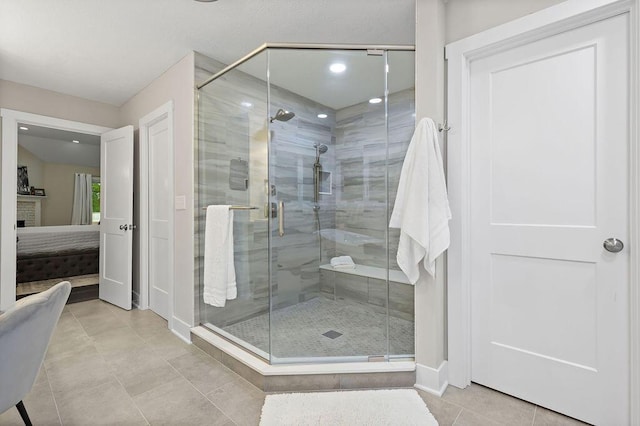 7276 Lee Rd, Westerville, OH 43081 - full bathroom with connected bathroom, baseboards, a stall shower, tile patterned flooring, and recessed lighting